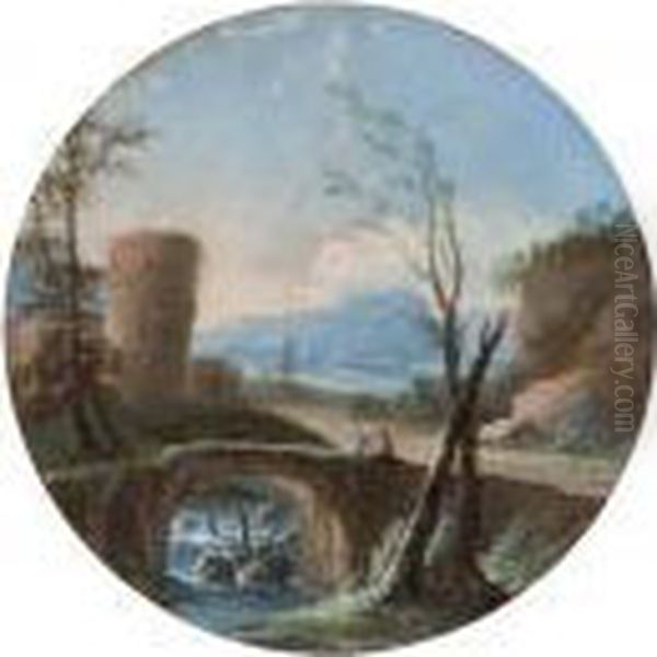 Paesaggio Fluviale Con Viandanti
 In Sosta Presso Un Ponte Di Pietra; E Paesaggio Con Astanti E 
Fortificazione In Lontananza Oil Painting by Paolo Anesi