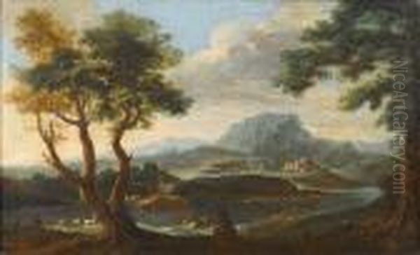 An Italianate Landscape With Cattle Andfigures By A River, A Fortified City Beyond Oil Painting by Paolo Anesi