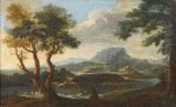 An Italianate Landscape With Cattle And Figures By A River, A Fortified City Beyond Oil Painting by Paolo Anesi