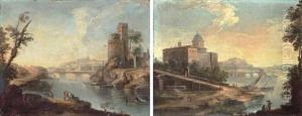 A Capriccio View Of The Tiber 
With The Ponte Sisto; And A Capricciowith A Palazzo By A River Oil Painting by Paolo Anesi