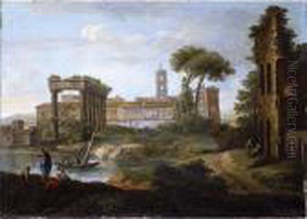 A River Landscape With A Ruined 
Temple, A Roman Amphitheatre, And Buildings Beyond, Figures Conversing 
In The Foreground Oil Painting by Paolo Anesi