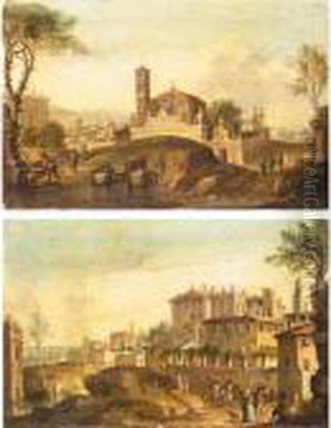 A Pair Of Views Of Rome Oil Painting by Paolo Anesi