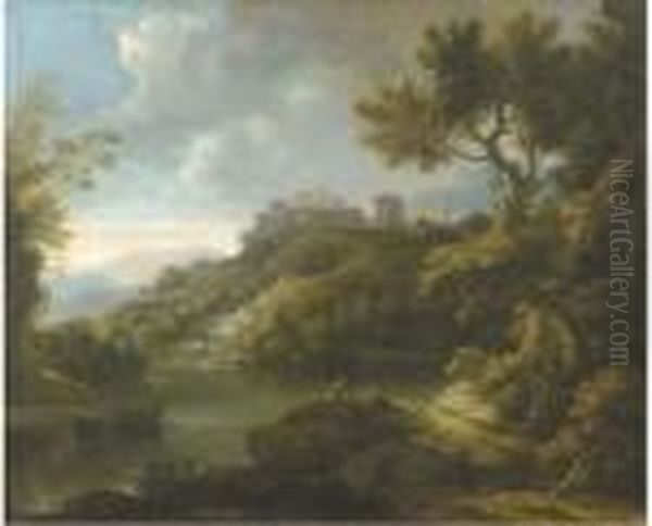 An Arcadian Landscape With Figures Resting By A Lake, A Town On A Hilltop Beyond Oil Painting by Paolo Anesi