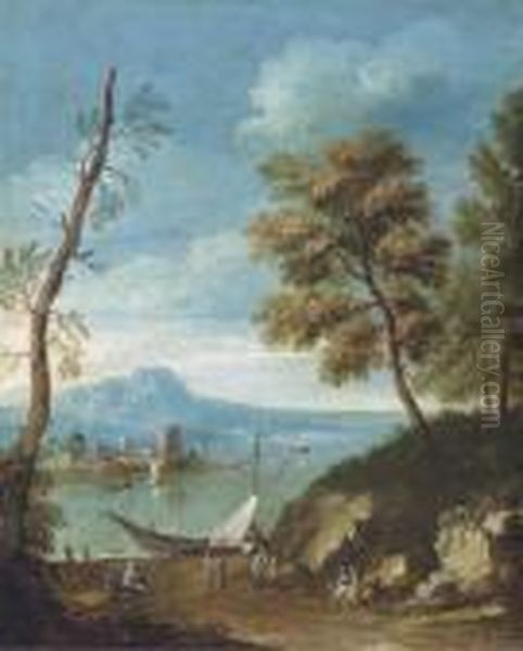 A Mediteranean Coastal Landscape
 With Figures Unloading A Sailingvessel, Other Figures Resting On A Path
 On The Edge Of A Wood Oil Painting by Paolo Anesi