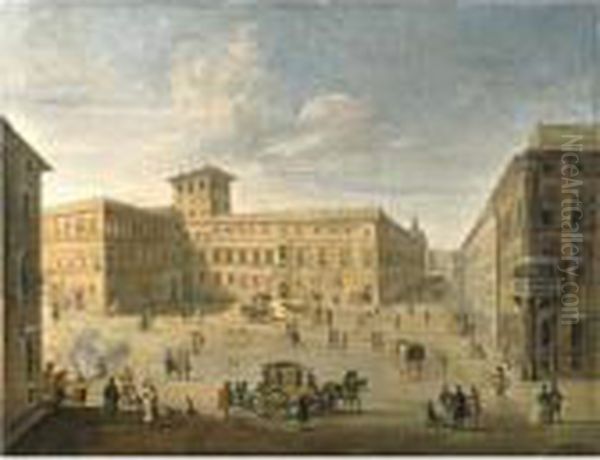 View Of The Palazzo And Palazzeto Venezia, Rome, Looking West Oil Painting by Paolo Anesi