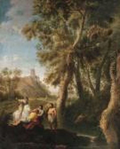 Classical Figures Conversing On The Banks Of A River Oil Painting by Paolo Anesi