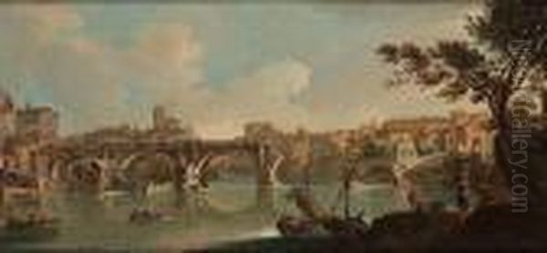 The Tiber And The Ponte Rotto, 
Rome, With Figures On The Bank And In Boats Crossing The River; And The 
Castel Sant' Angelo And The Tiber With Fishermen On The Bank Oil Painting by Paolo Anesi