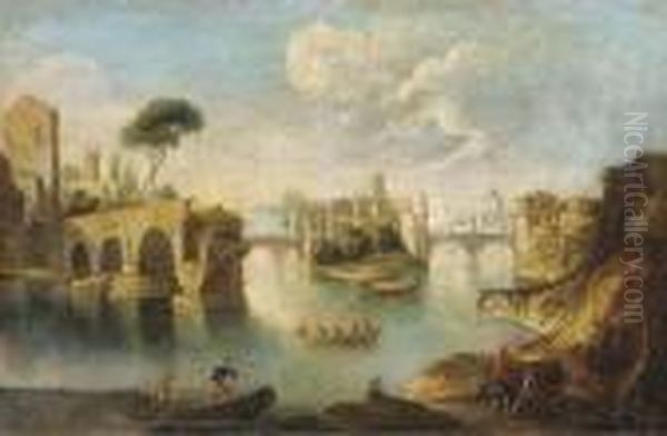 The Tiber, Rome, Looking North 
Past The Ruins Of The Pons Aemilius To The Insula Tiberina Oil Painting by Paolo Anesi