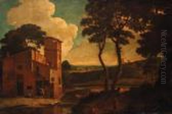 An Italianate Landscape With Washerwomen Outside A Villa Oil Painting by Paolo Anesi