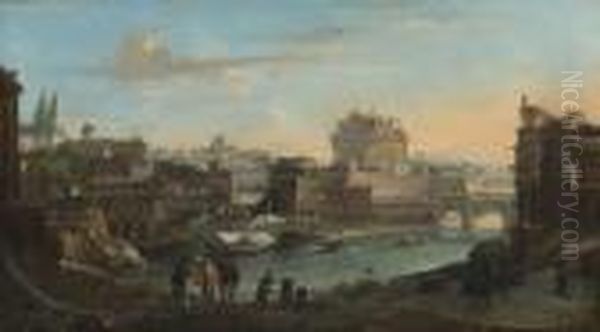 Rome: The Isola Tiburtina; And Rome: The Tiber With The Castelsant'angelo Beyond Oil Painting by Paolo Anesi