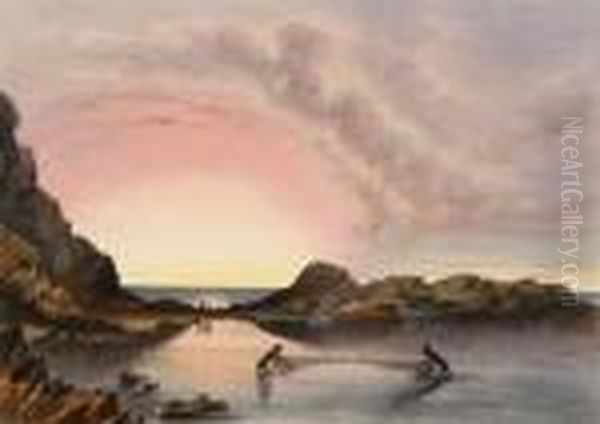 Coast Scene Near Rapid Bay, Sunset; Waungerri Lake And The Marble Range Oil Painting by George French Angas