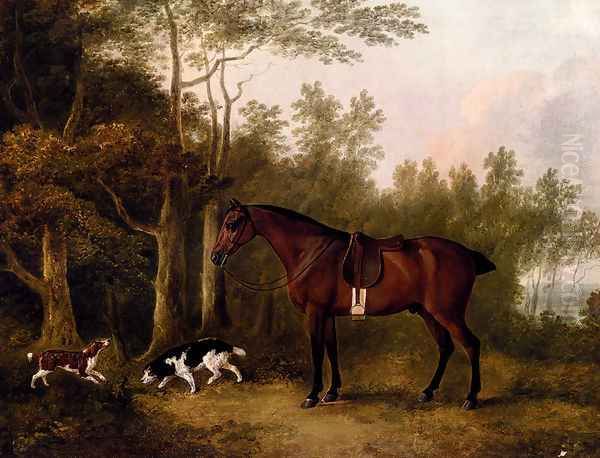 A Bay Hunter And Two Spaniels In A Landscape Oil Painting by John Boultbee