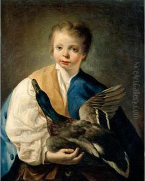 A Young Boy Holding A Mallard Drake Oil Painting by Giuseppe Angeli