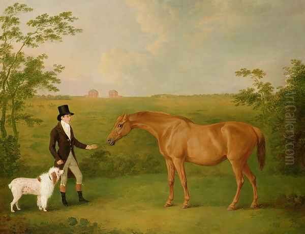 A Gentleman with a White Dog and a Chestnut Mare in a Landscape Oil Painting by John Boultbee