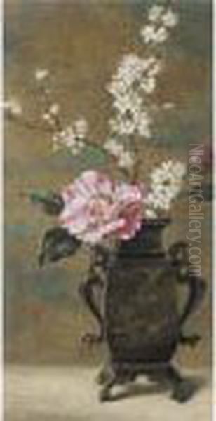 Still Life Of Pink Roses Oil Painting by Helen Cordelia Coleman Angell