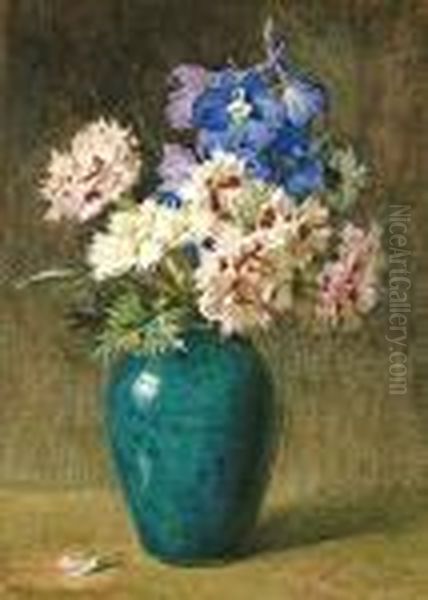 Still Life Of Pinks And Larkspur Oil Painting by Helen Cordelia Coleman Angell