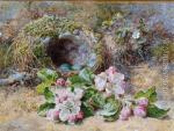 A Bird's Nest With Eggs And Primroses On An Earth Covered Bank Oil Painting by Helen Cordelia Coleman Angell