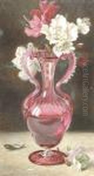 Still Life Of Flowers In A Red Glass Vase Oil Painting by Helen Cordelia Coleman Angell