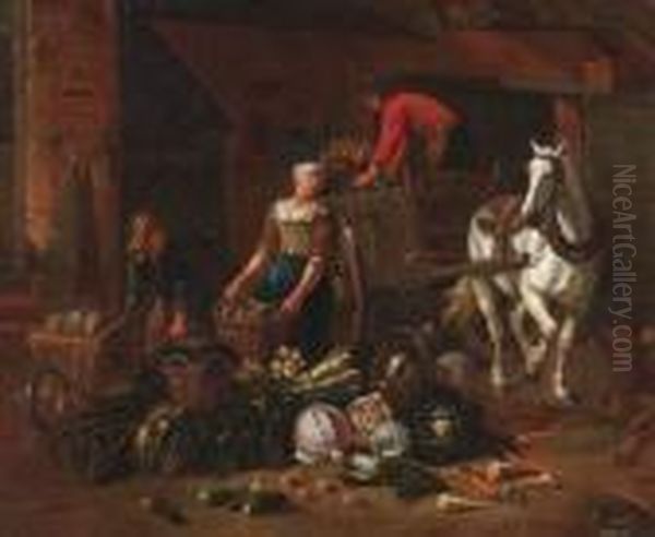 Vegetable Merchant With Horse-cart And Wheelbarrow Oil Painting by Pieter Angillis