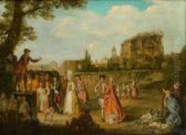 A Market Square With A Man Addressing A Crowd From A Platform, A View To A Town Beyond Oil Painting by Pieter Angillis