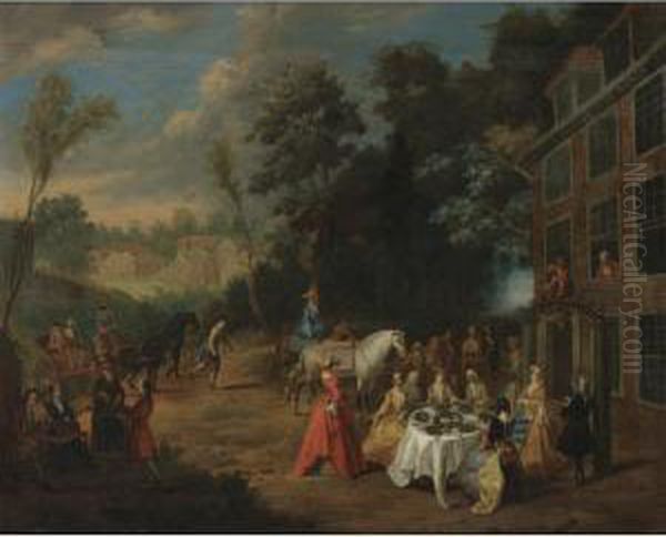 Travelers Dining Outside An Inn Oil Painting by Pieter Angillis