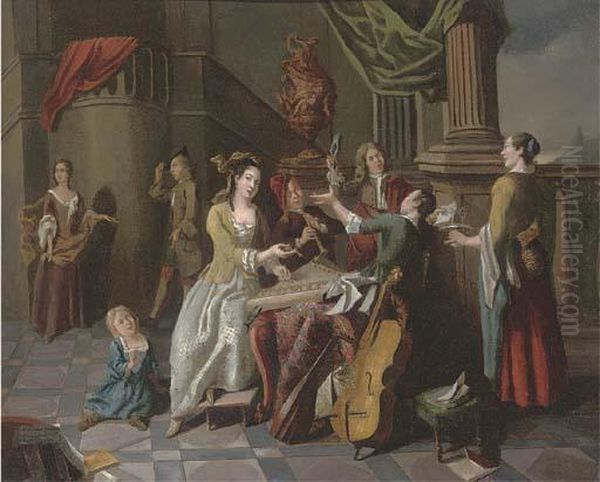 Elegant Company Making Music At A Table On A Terrace Oil Painting by Pieter Angillis