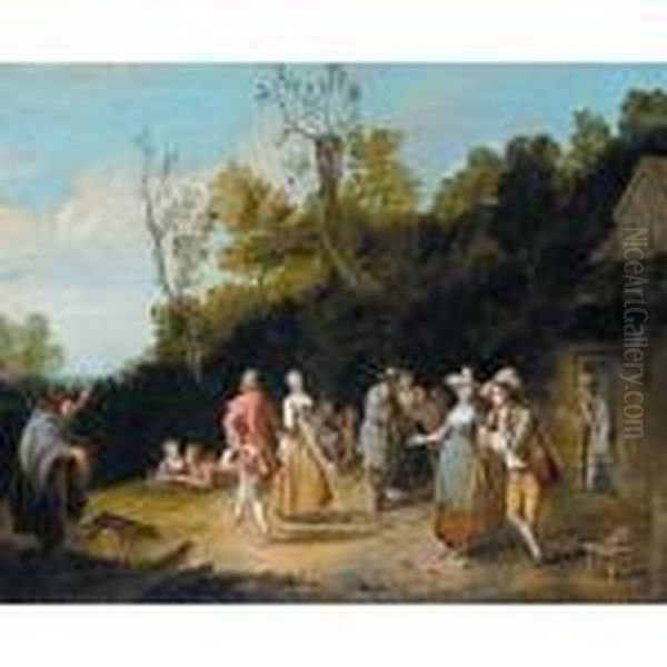 Village Scene With A Company Of Figures Dancing And Merrymkaing Outside A Tavern Oil Painting by Pieter Angillis