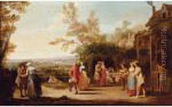 Country Folk Eating And Dancing Outside A Tavern Oil Painting by Pieter Angillis