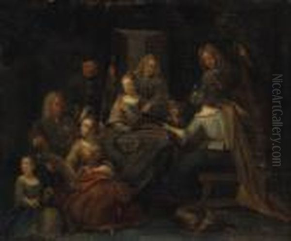 Elegant Company Making Music In 
An Interior With A Sportsmanshowing A Lady Trophies Of The Hunt Oil Painting by Pieter Angillis