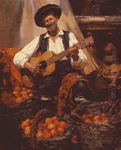 Tocando la guitarra Oil Painting by Jose Benlliure Y Gil