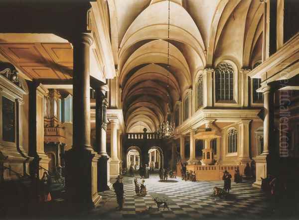 A church interior by candlelight with figures conversing 1652 Oil Painting by Daniel de Blieck