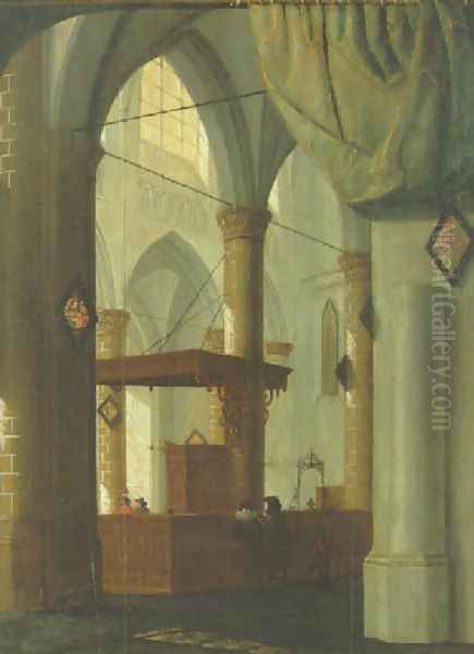 The interior of a Gothic church with an elegant couple 1654 Oil Painting by Daniel de Blieck