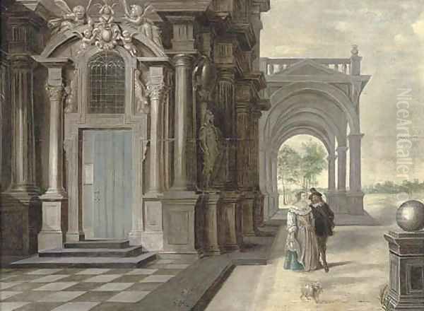 A courting couple outside a building, an arcade and a garden beyond Oil Painting by Daniel de Blieck