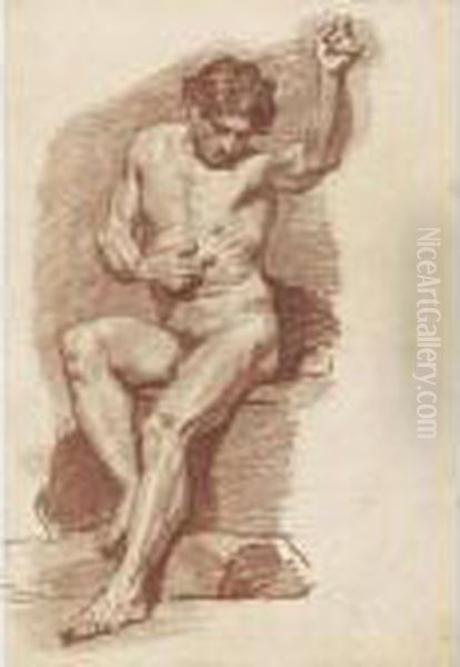 Study Of A Seated Male Nude, His Left Arm Raised Oil Painting by Robert Ango