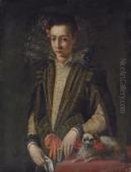 Portrait Of A Girl, 
Three-quarter-length, In A Black And Gold Embroidered Dress With A Lace 
Collar, A Book In Her Left Hand, A Handkerchief In Her Right, A Dog By 
Her Side Oil Painting by Sofonisba Anguissola