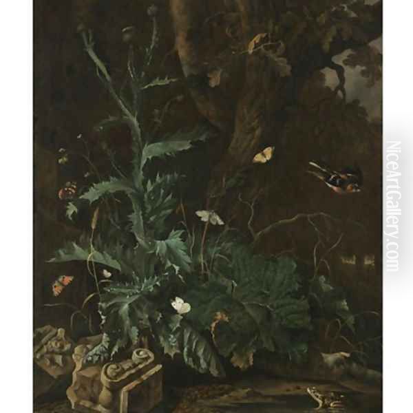 A forest floor with a thistle, the ruin of an Ionic Column, butterflies, a toad, and a songbird Oil Painting by Abraham Jansz Begeyn