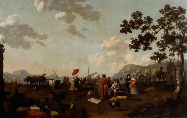 Hamn vid medelhavet med rikt staffage av europeiska och orientaliska kopman 1660 Oil Painting by Abraham Jansz Begeyn