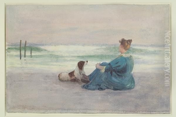 Woman And Springer Sitting On The Beach Oil Painting by Thomas Pollock Anschutz