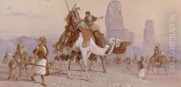 A caravan passing the statues of Memnon in the plain of Goorna at Thebes 1876 Oil Painting by Joseph-Austin Benwell