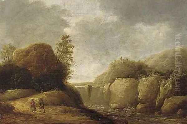 A mountainous landscape with travellers on a path by a waterfall Oil Painting by Gerrit Van Battem