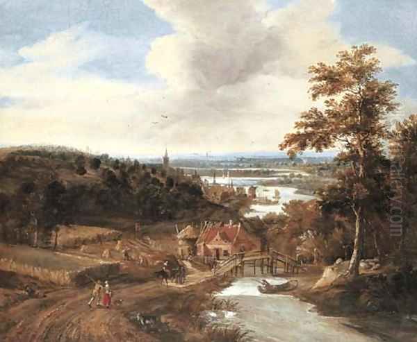 A wooded river landscape with harvesters and travellers on a bridge, a town beyond Oil Painting by Gerrit Van Battem