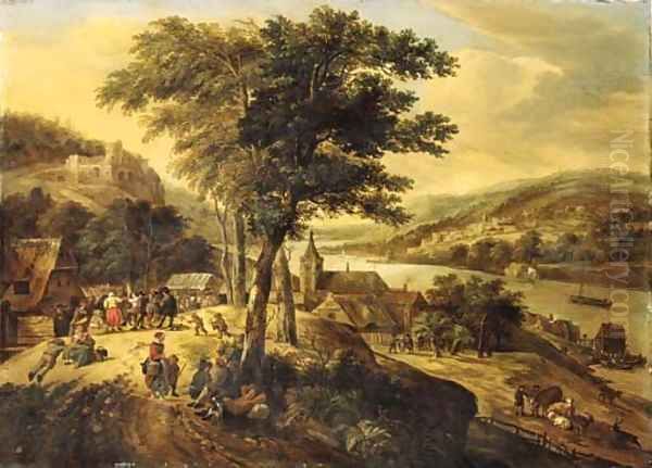 Travellers resting by a tree with peasants dancing to the music of a violinist, cowherds nearby, in a Rhenish landscape Oil Painting by Gerrit Van Battem