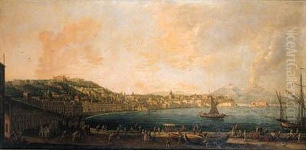 Naples And The Riviera Di Chiaia
 From The Convento Di Sant'antoniowith The Castel Sant' Elmo And The 
Convento Di San Martino, Mountvesuvius In The Distance Oil Painting by Pietro Antoniani