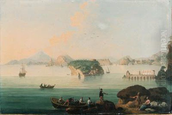 View Of Pozzuoli, With Fishermen
 Bringing In Their Catch In Theforeground, Vesuvius Beyond Oil Painting by Pietro Antoniani