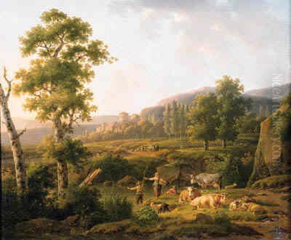 Dawn: A Shepherdess Conversing 
With An Angler On A River Bank, Withpeasants Going To The Market On A 
Country Road, A Castle Beyond;and Sunset: A Peasant Woman And A Shepherd
 Watering Cattle Andsheep, Travellers And A Cowherd On A Track Beyond Oil Painting by Hendrik van Anthonissen