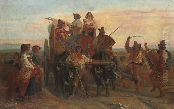 The Arrival Of The Harvesters In The Pontine Marshes Oil Painting by Louis Robert Antral