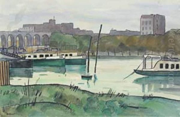 Bateau, Riviere Et Viaduc Oil Painting by Louis Robert Antral