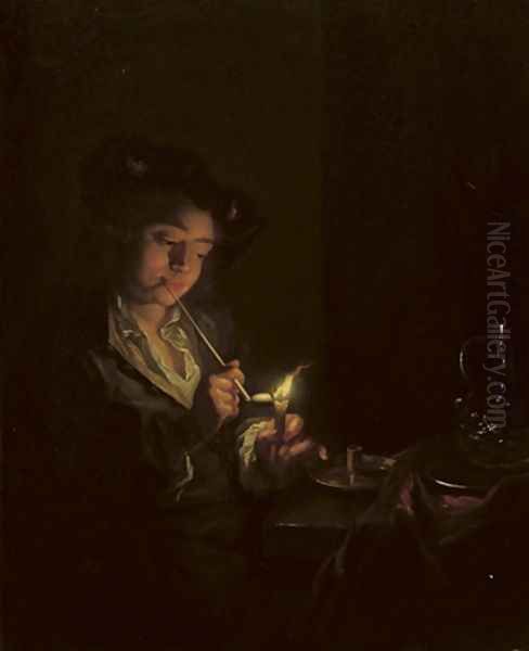 A candlelit interior with a young man seated at a table, lighting his pipe Oil Painting by Arnold Boonen