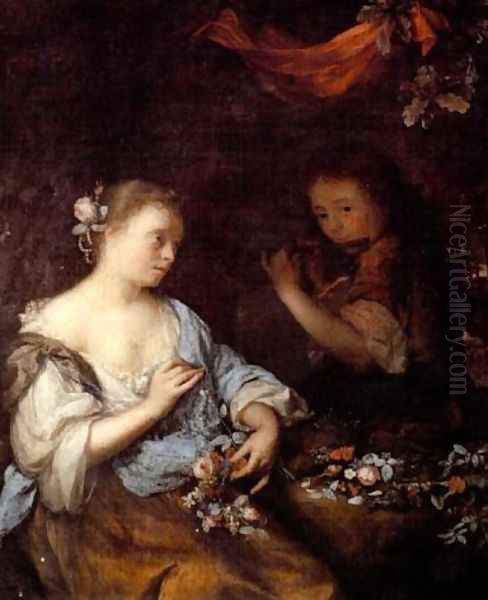 A young boy playing a flute to a young woman holding a garland of flowers in a wooded landscape Oil Painting by Arnold Boonen