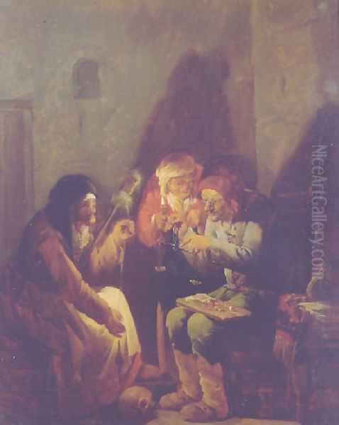 A Vanitas- An old man seated on a barrel weighing gold, an old peasant and a fortune-teller holding a candle, in a barn Oil Painting by Andries Both